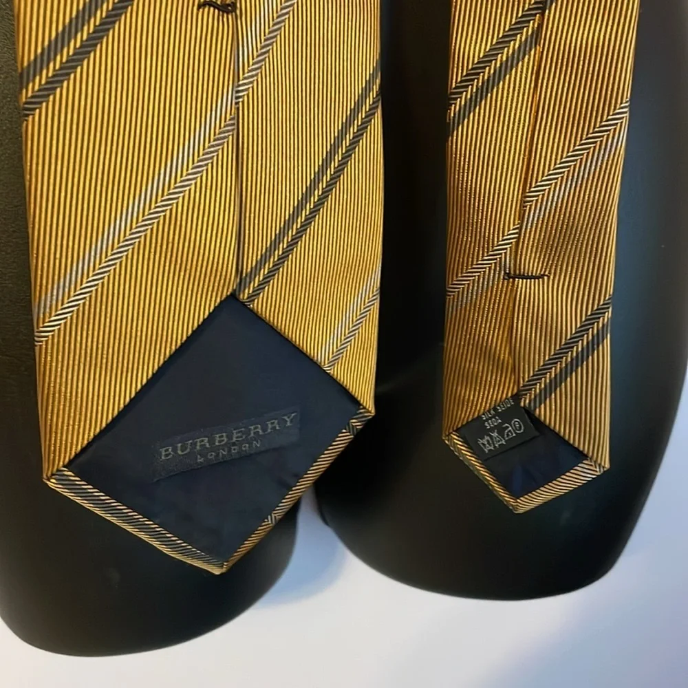 Burberry London Gold Yellow Striped and Logo Silk Necktie Tie